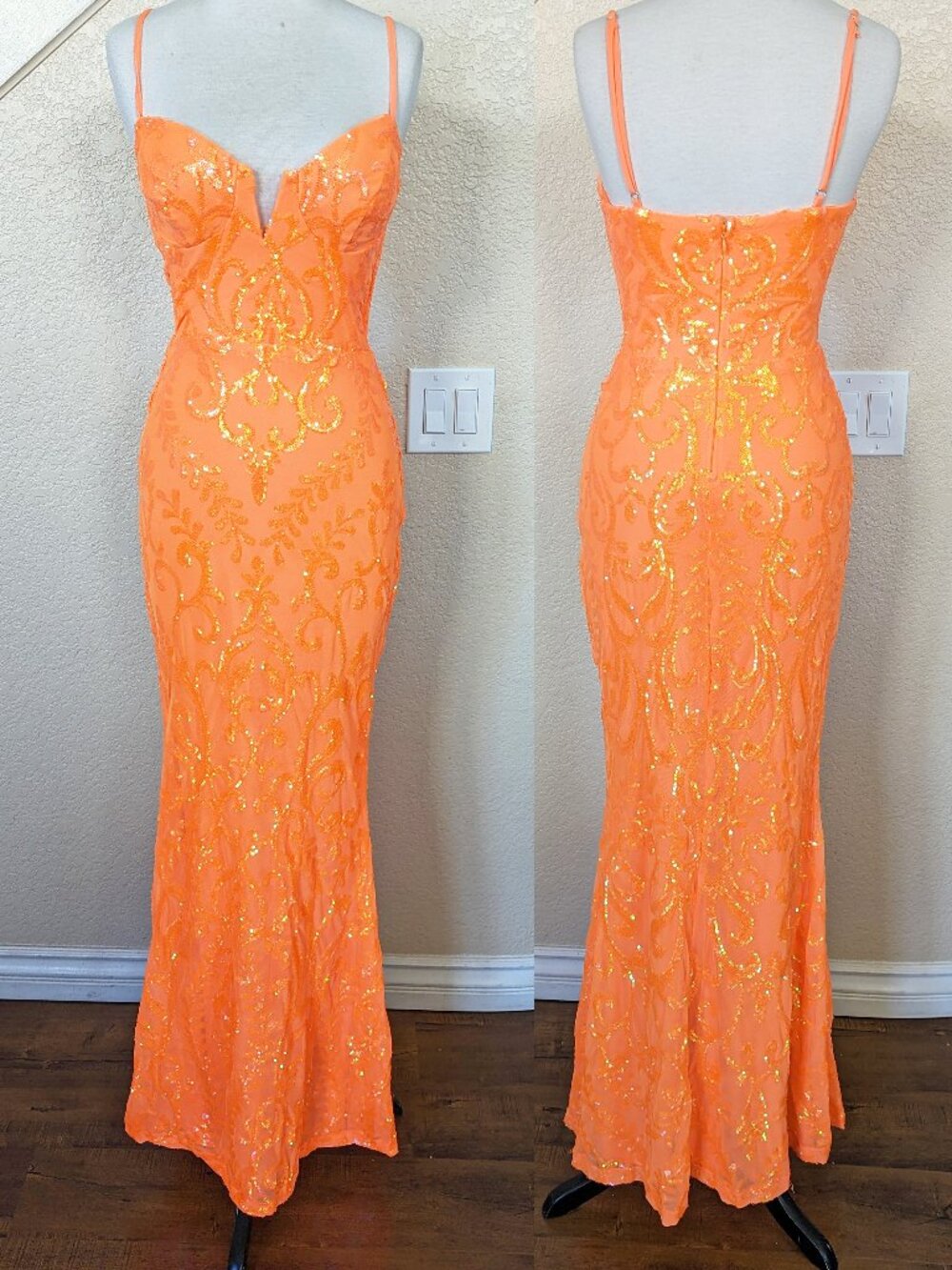 Neon Orange Sequin Formal Prom Evening Dress 0
